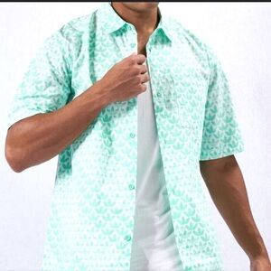 Men's Adidas Mint Green Patterned Button Short Sleeve Shirt 2XL